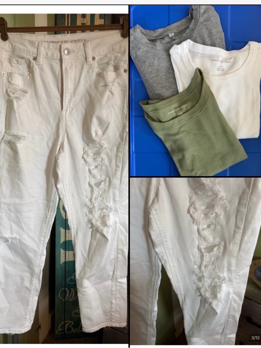 American Eagle white jeans with 3 tees
